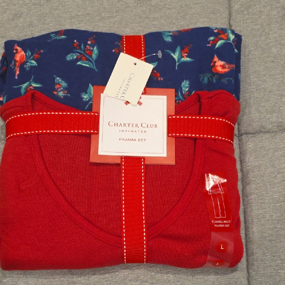 Charter Club Red Top and Floral Blue Pajama Set